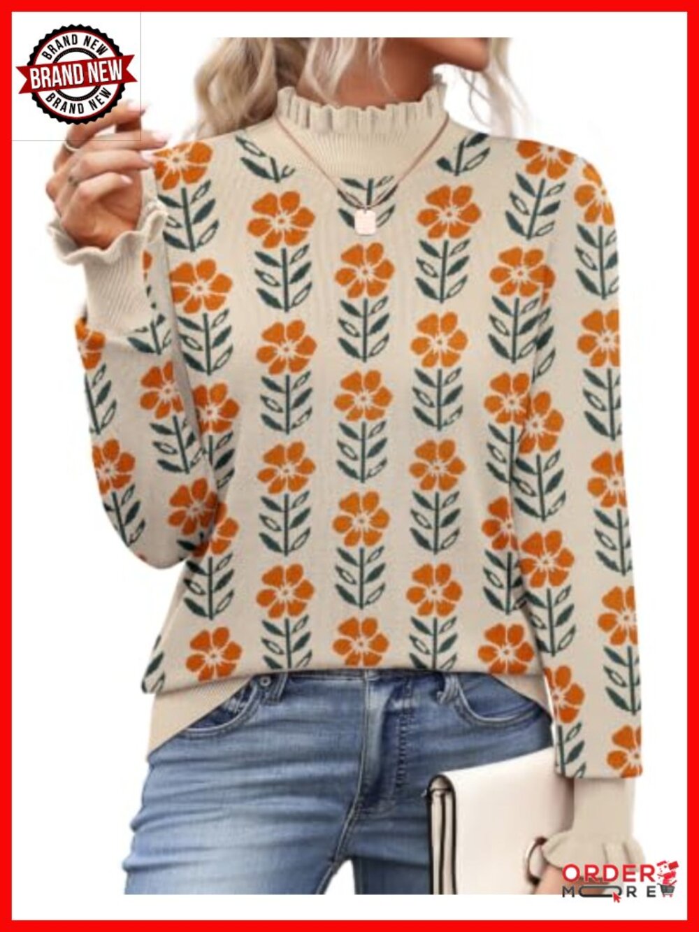 Women's Turtleneck Sweater Ruffle Mock Neck Knit Long Sleeve Pullover